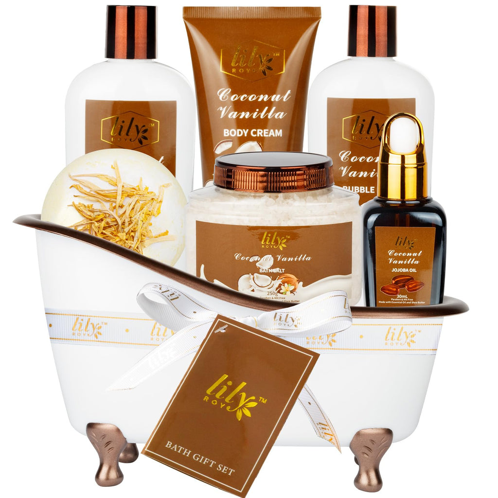 Spa Gift Tub Set Bath and Body Gift Sets for Women Valentines Day Gifts Coconut Vanilla Mom Gift Spa Bath Gifts for Men Spa Kit Perfume Self Skin Care for Fathers Mothers Day