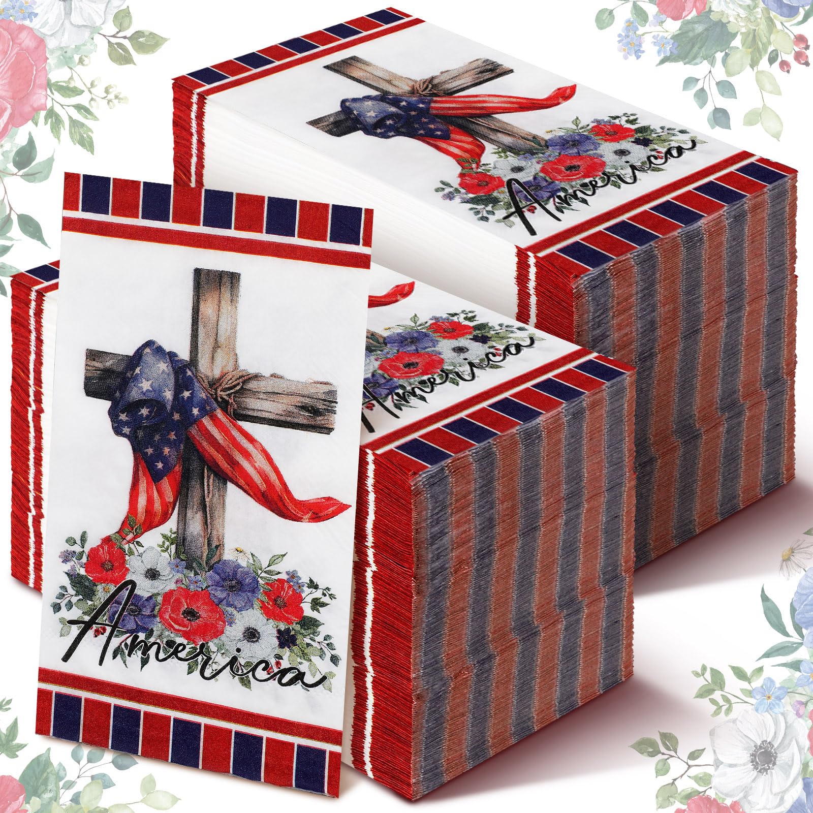 200 Pcs 4th of July Napkins Patriotic Guest Napkins Disposable Paper Napkins 2 Ply America Cocktail Napkins Hand Towel for Election Day Veterans Day Independence Day USA Party (Cross)