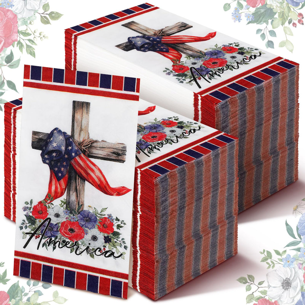 200 Pcs 4th of July Napkins Patriotic Guest Napkins Disposable Paper Napkins 2 Ply America Cocktail Napkins Hand Towel for Election Day Veterans Day Independence Day USA Party (Cross)